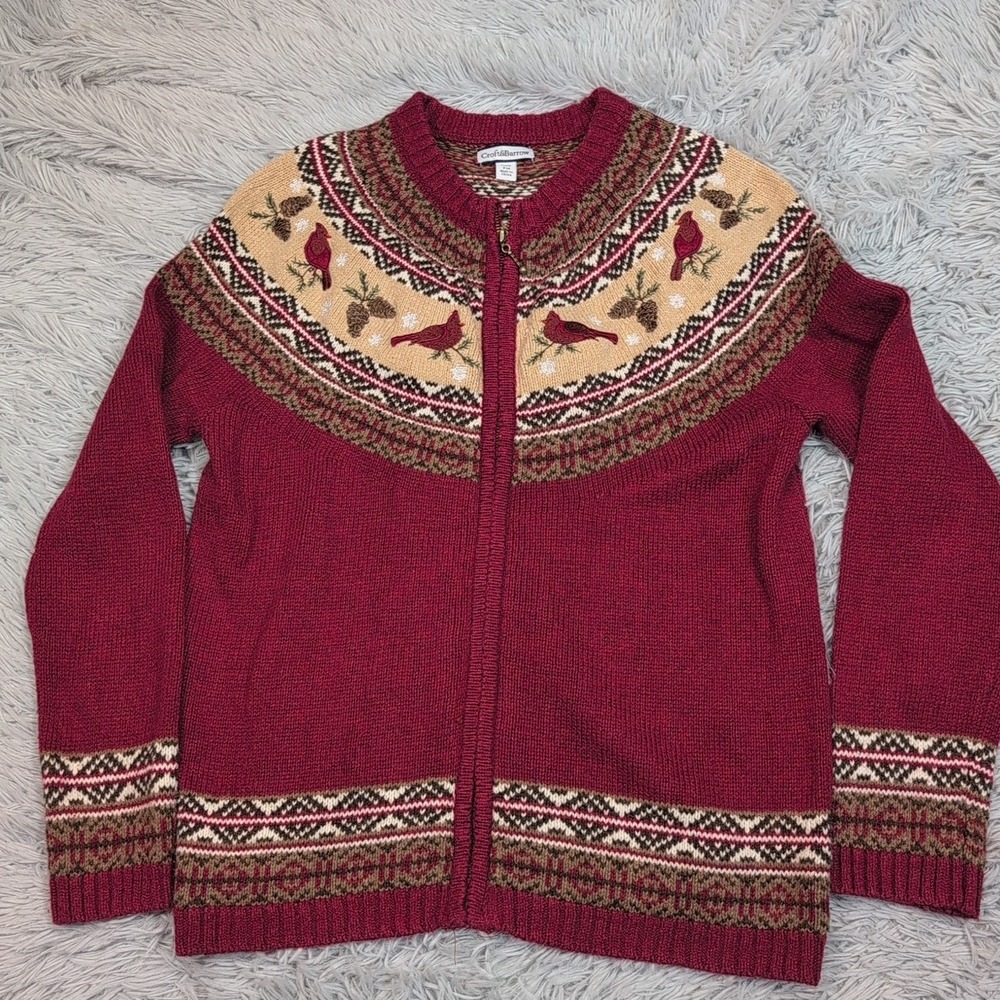 Croft & Barrow Sweater Womens‎ M Petite Red Cardigan Silk Blend Grandma Birds